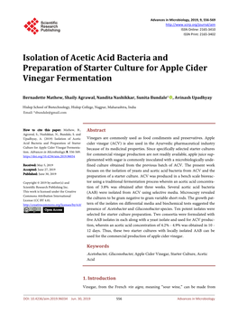 Isolation of Acetic Acid Bacteria and Preparation of Starter Culture for Apple Cider Vinegar Fermentation