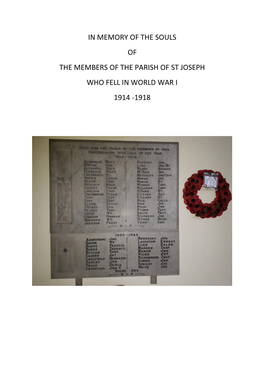 In Memory of the Souls of the Members of the Parish of St Joseph Who Fell in World War I 1914 -1918