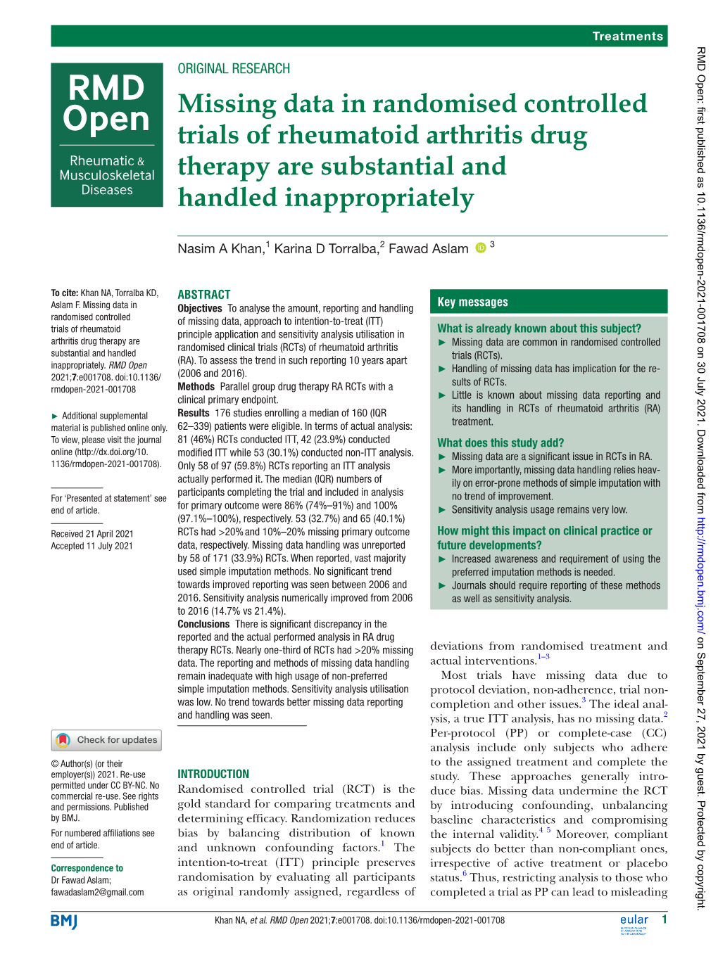 Missing Data in Randomised Controlled Trials of Rheumatoid Arthritis Drug Therapy Are Substantial and Handled Inappropriately