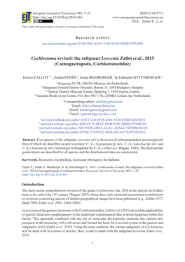 Cochlostoma Revised: the Subgenus Lovcenia Zallot Et Al., 2015 (Caenogastropoda, Cochlostomatidae)