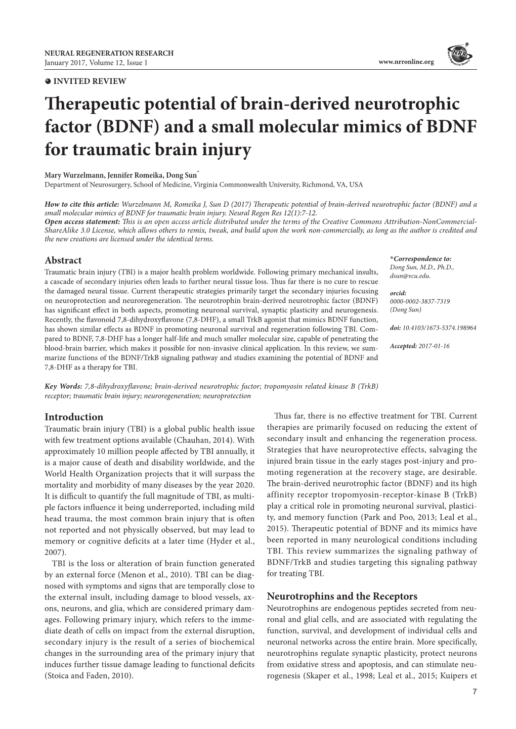 Therapeutic Potential of Brain-Derived Neurotrophic Factor (BDNF) and a Small Molecular Mimics of BDNF for Traumatic Brain Injury