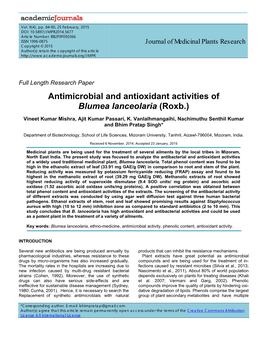 Antimicrobial and Antioxidant Activities of Blumea Lanceolaria (Roxb.)