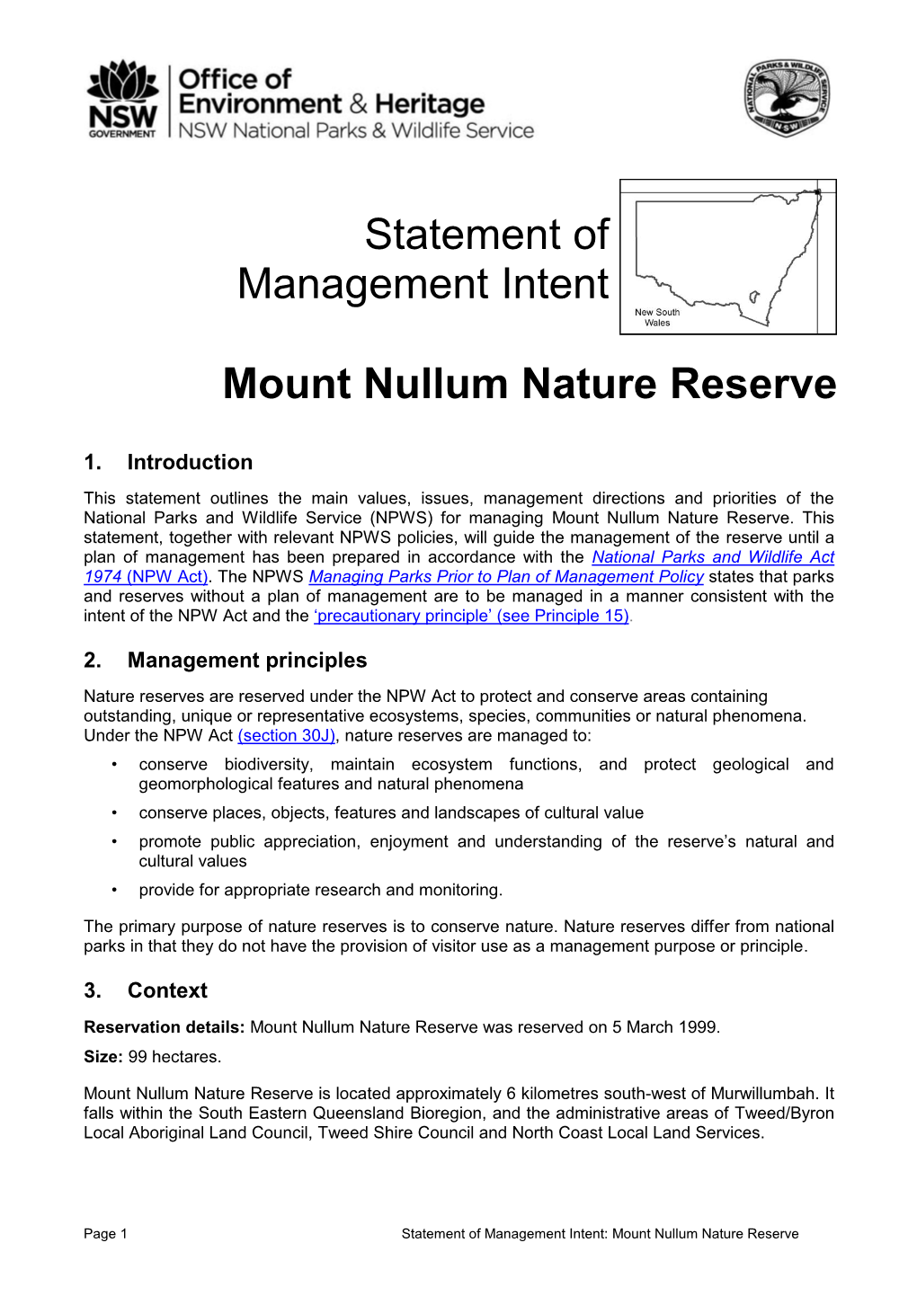 Statement of Management Intent: Mount Nullum Nature Reserve