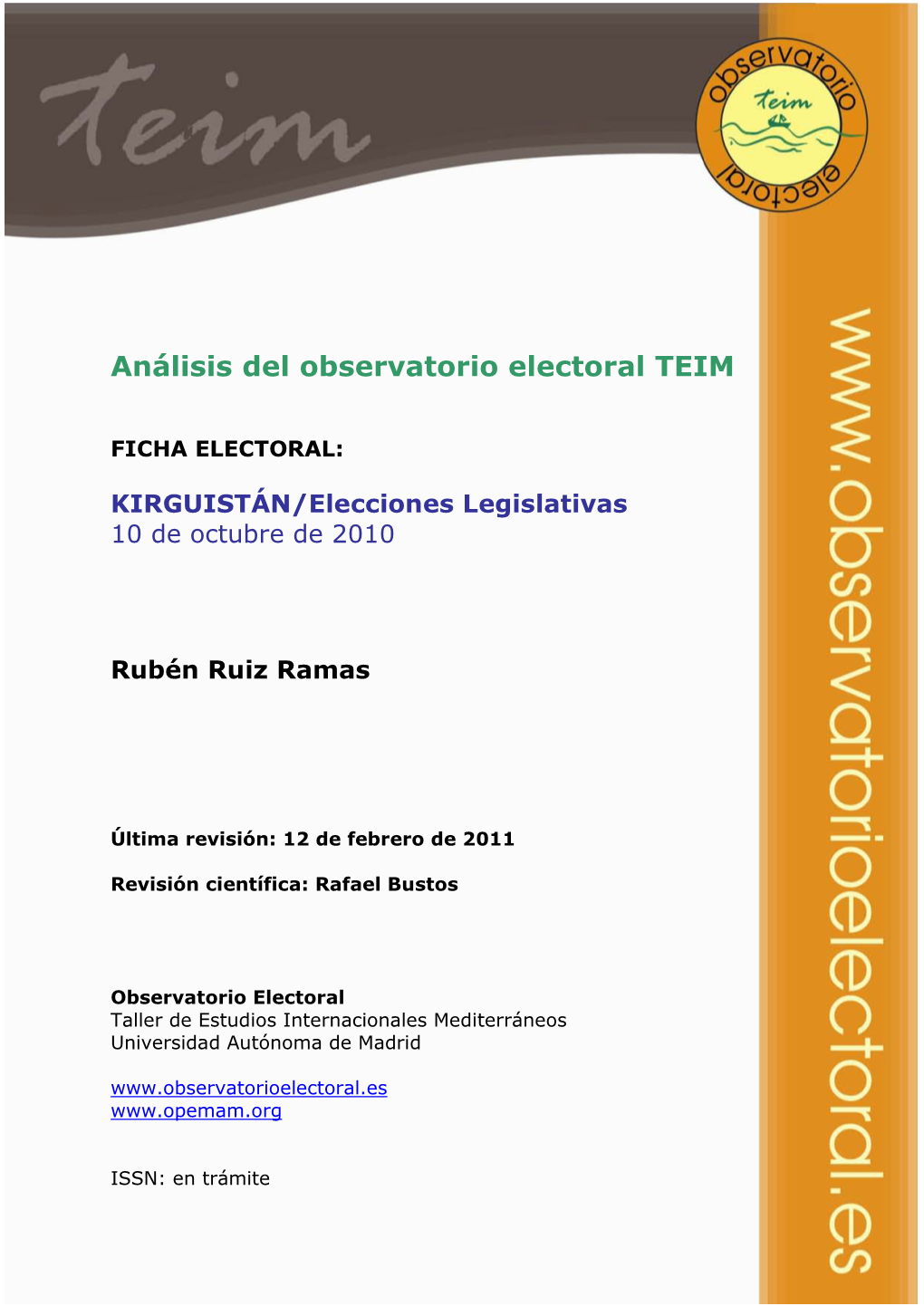 KIRGUISTÁN/Elecciones Legislativas 10 De Octubre De 2010