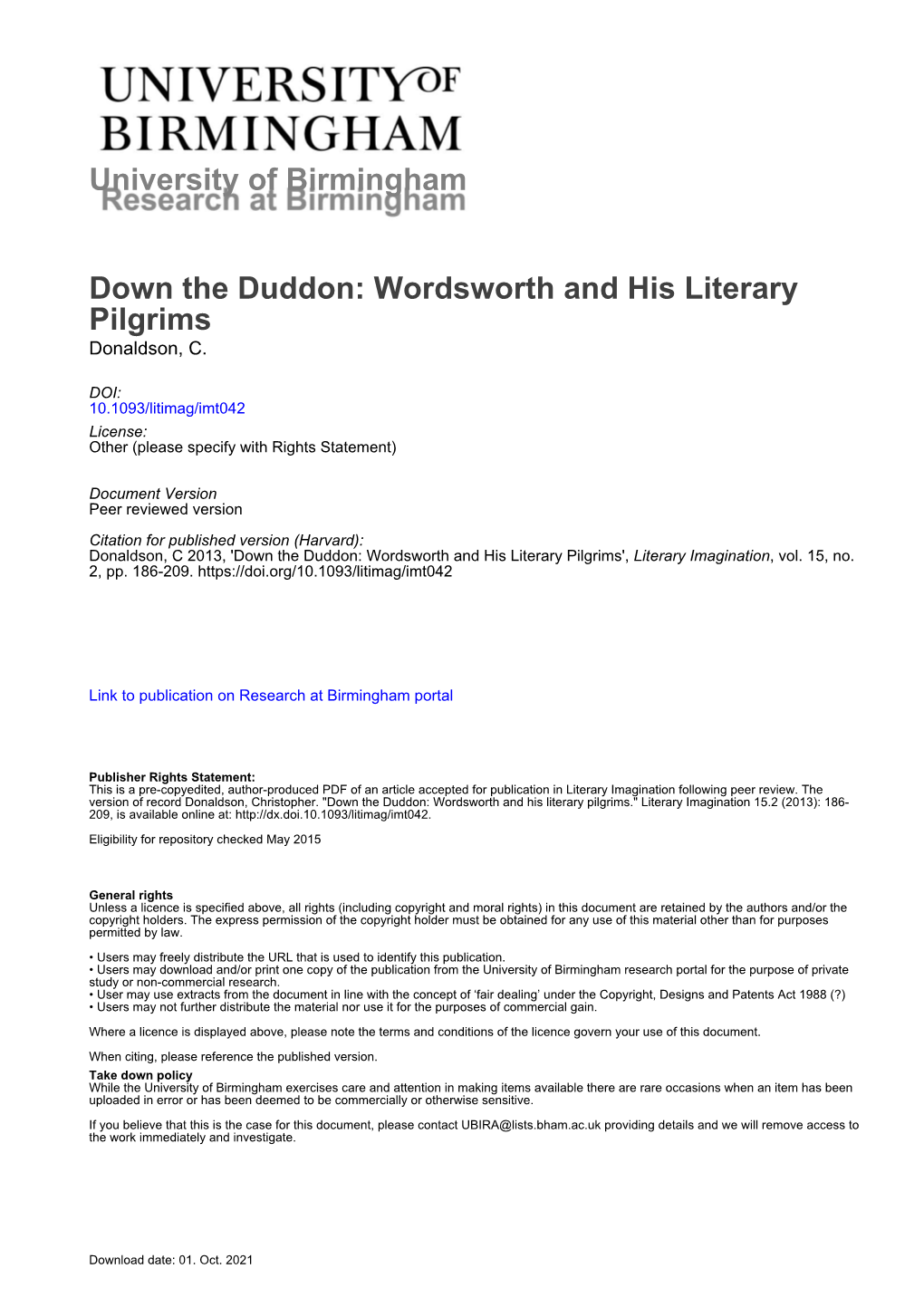 Wordsworth and His Literary Pilgrims Donaldson, C