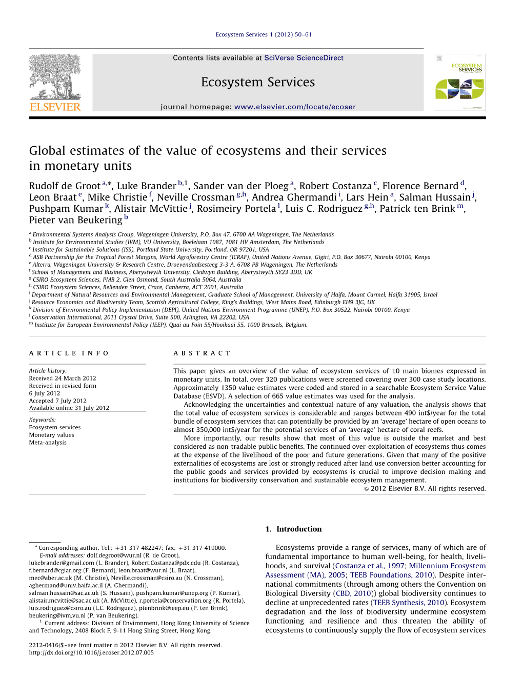 Global Estimates of the Value of Ecosystems and Their Services in Monetary Units