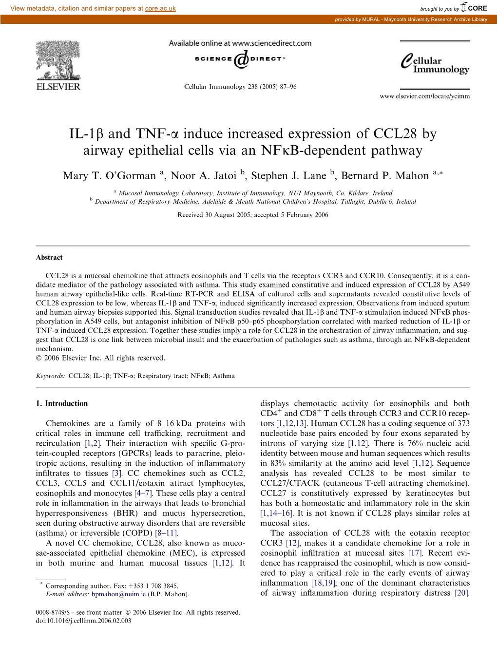 IL-1B and TNF-A Induce Increased Expression of CCL28 by Airway Epithelial Cells Via an Nfjb-Dependent Pathway