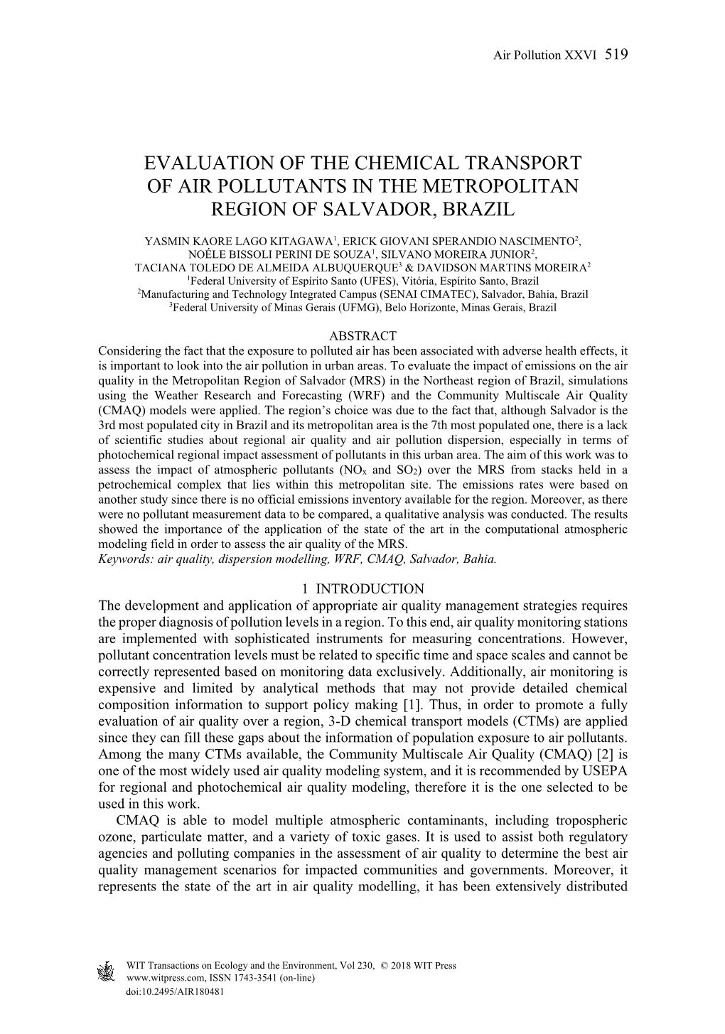 Evaluation of the Chemical Transport of Air Pollutants in the Metropolitan Region of Salvador, Brazil