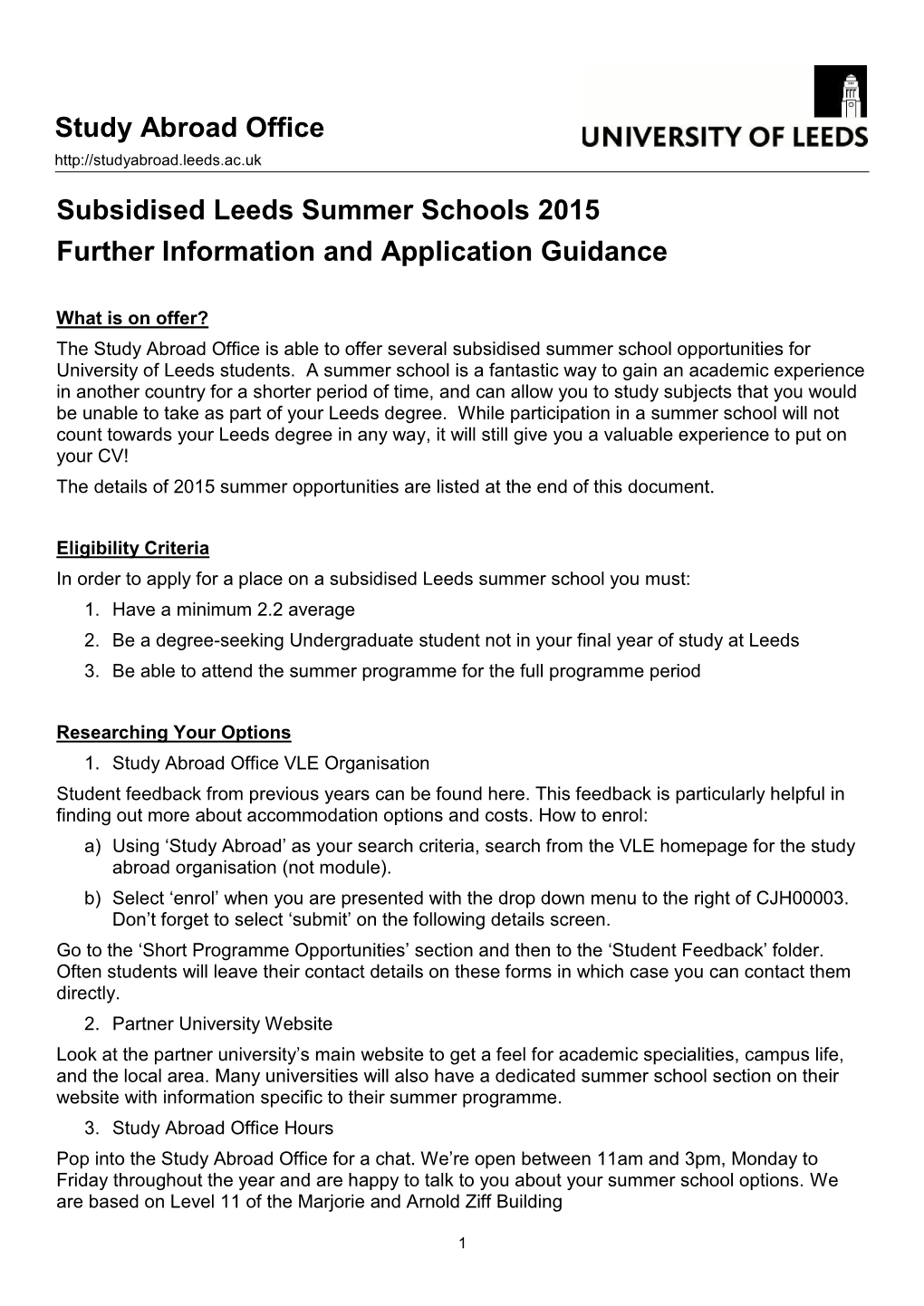 Subsidised Leeds Summer Schools 2015 Further Information and Application Guidance