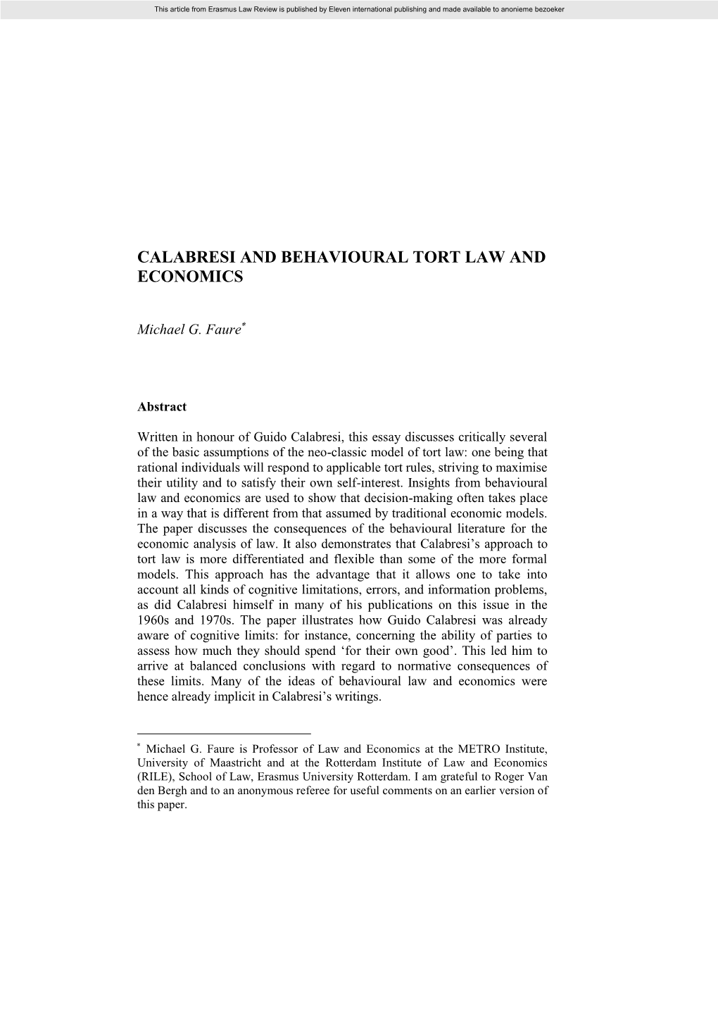 Calabresi and Behavioural Tort Law and Economics