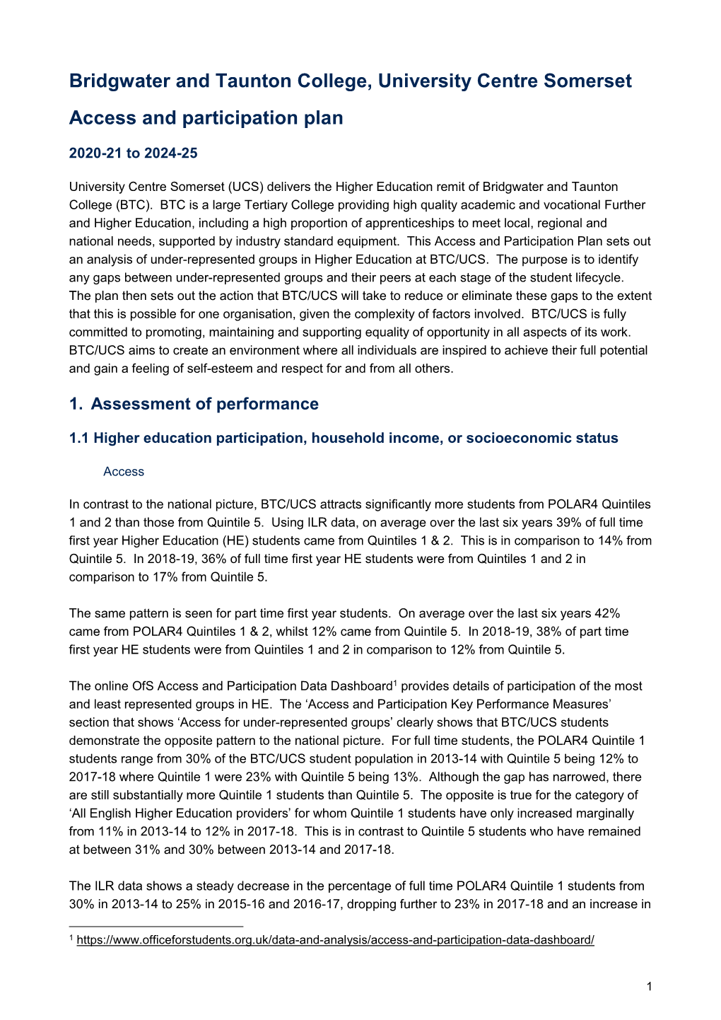 Bridgwater and Taunton College, University Centre Somerset Access and Participation Plan