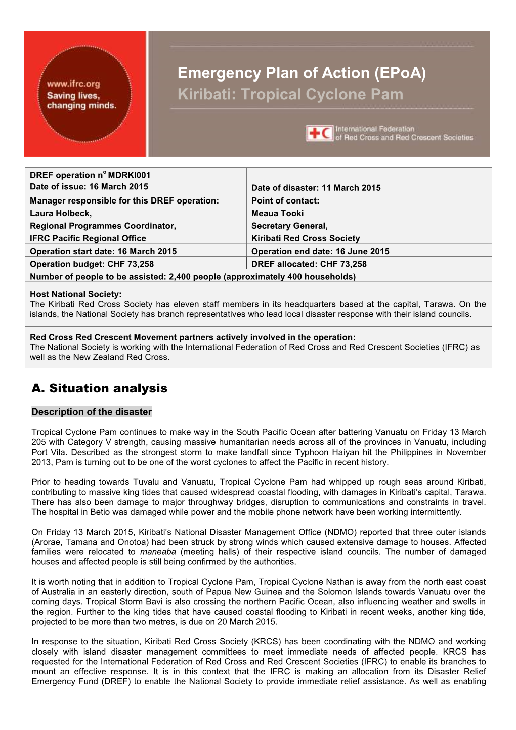 Emergency Plan of Action (Epoa) Kiribati: Tropical Cyclone Pam