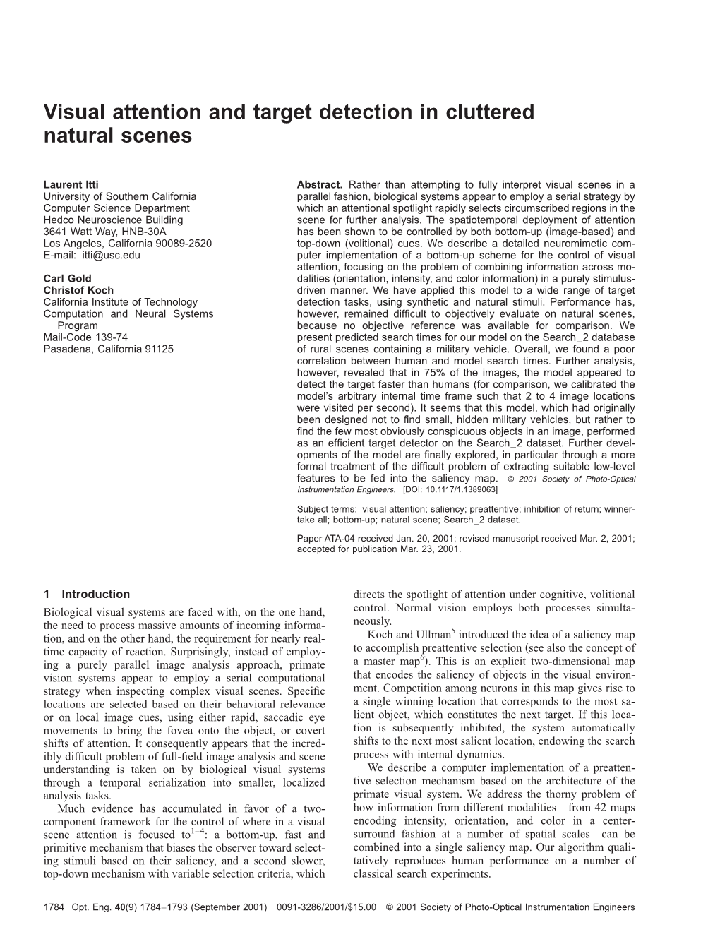 Visual Attention and Target Detection in Cluttered Natural Scenes