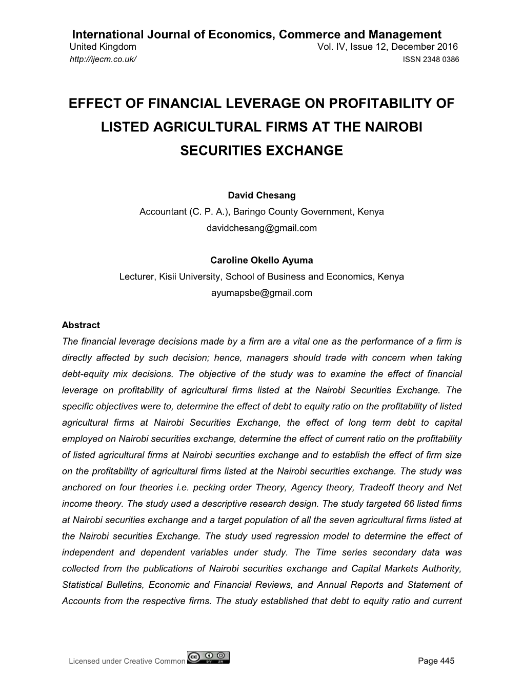 Effect of Financial Leverage on Profitability of Listed Agricultural Firms at the Nairobi Securities Exchange