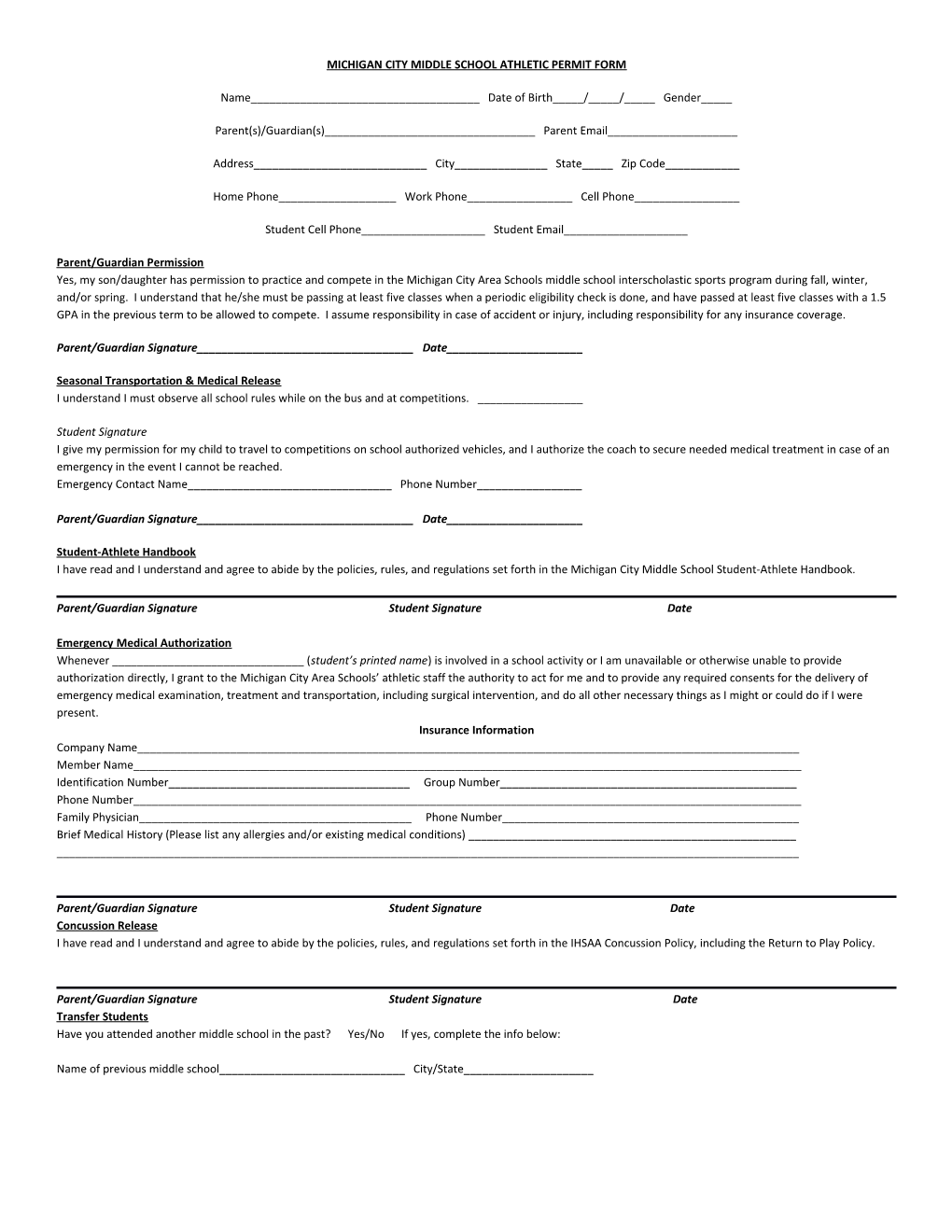 Michigan City Middle School Athletic Permit Form