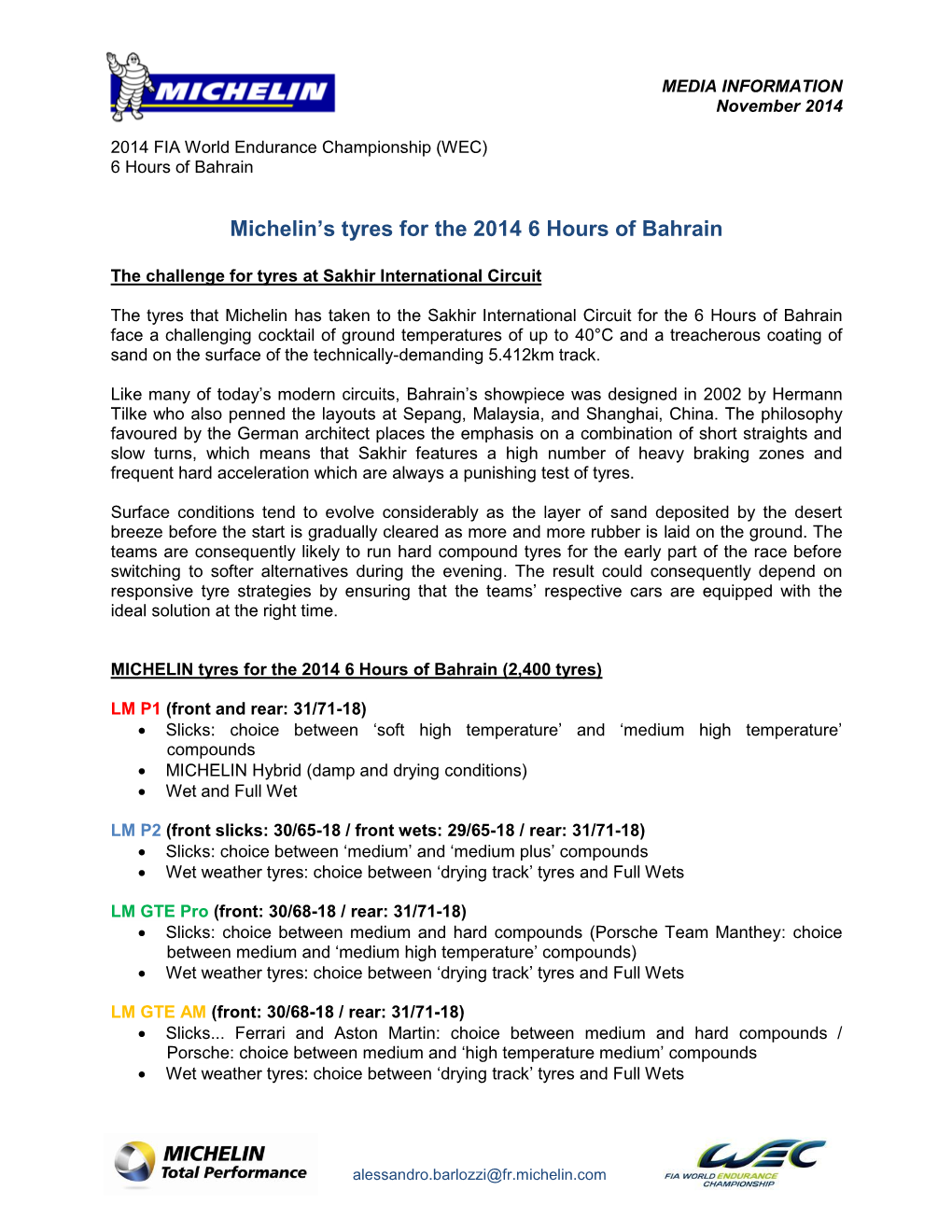 Michelin's Tyres for the 2014 6 Hours of Bahrain