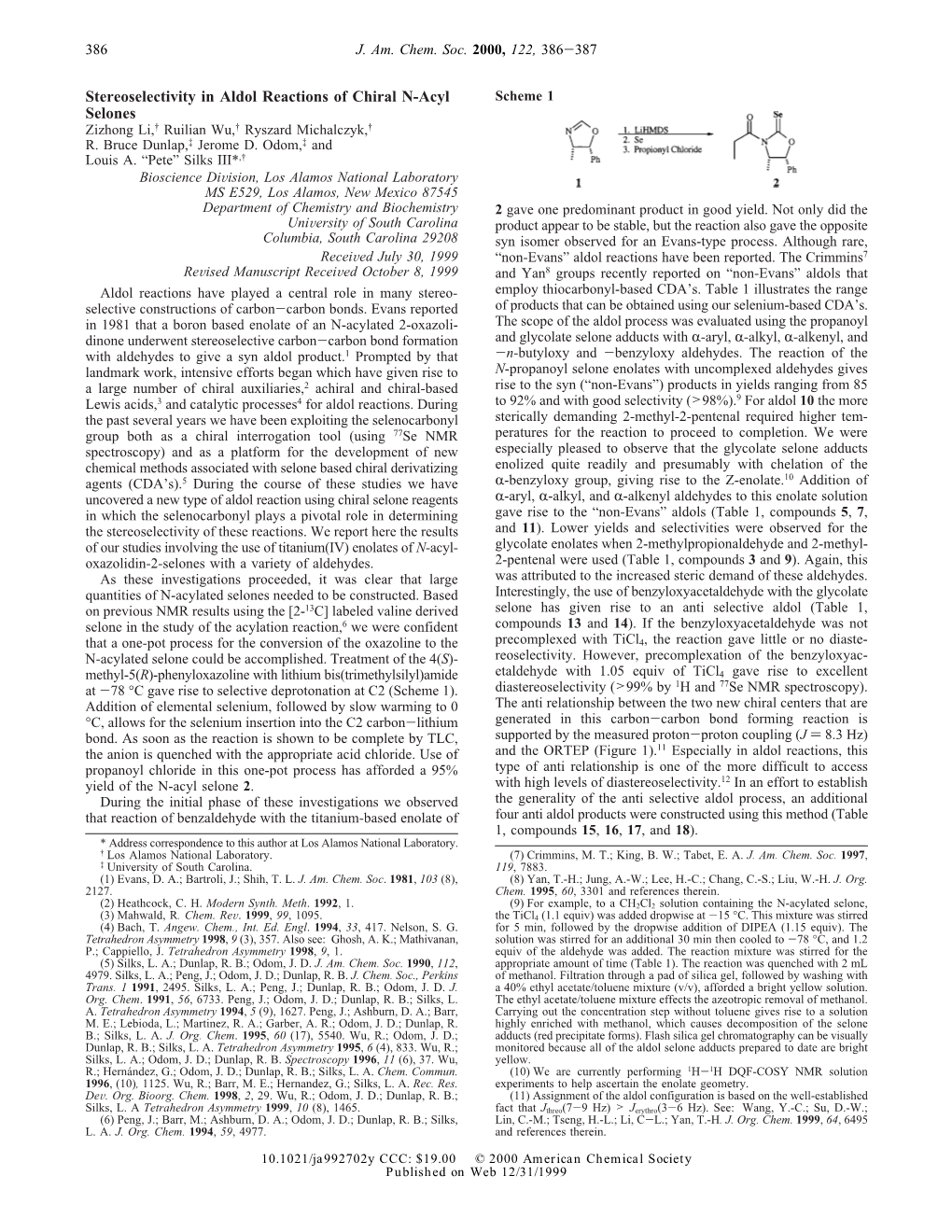 Stereoselectivity in Aldol Reactions of Chiral N-Acyl Selones