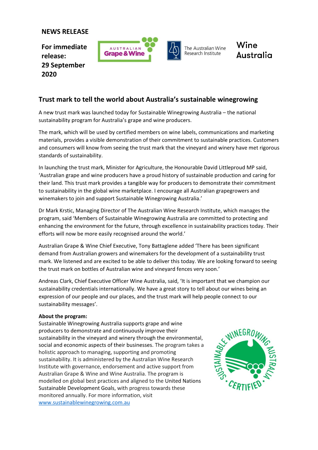 Trust Mark to Tell the World About Australia's Sustainable Winegrowing