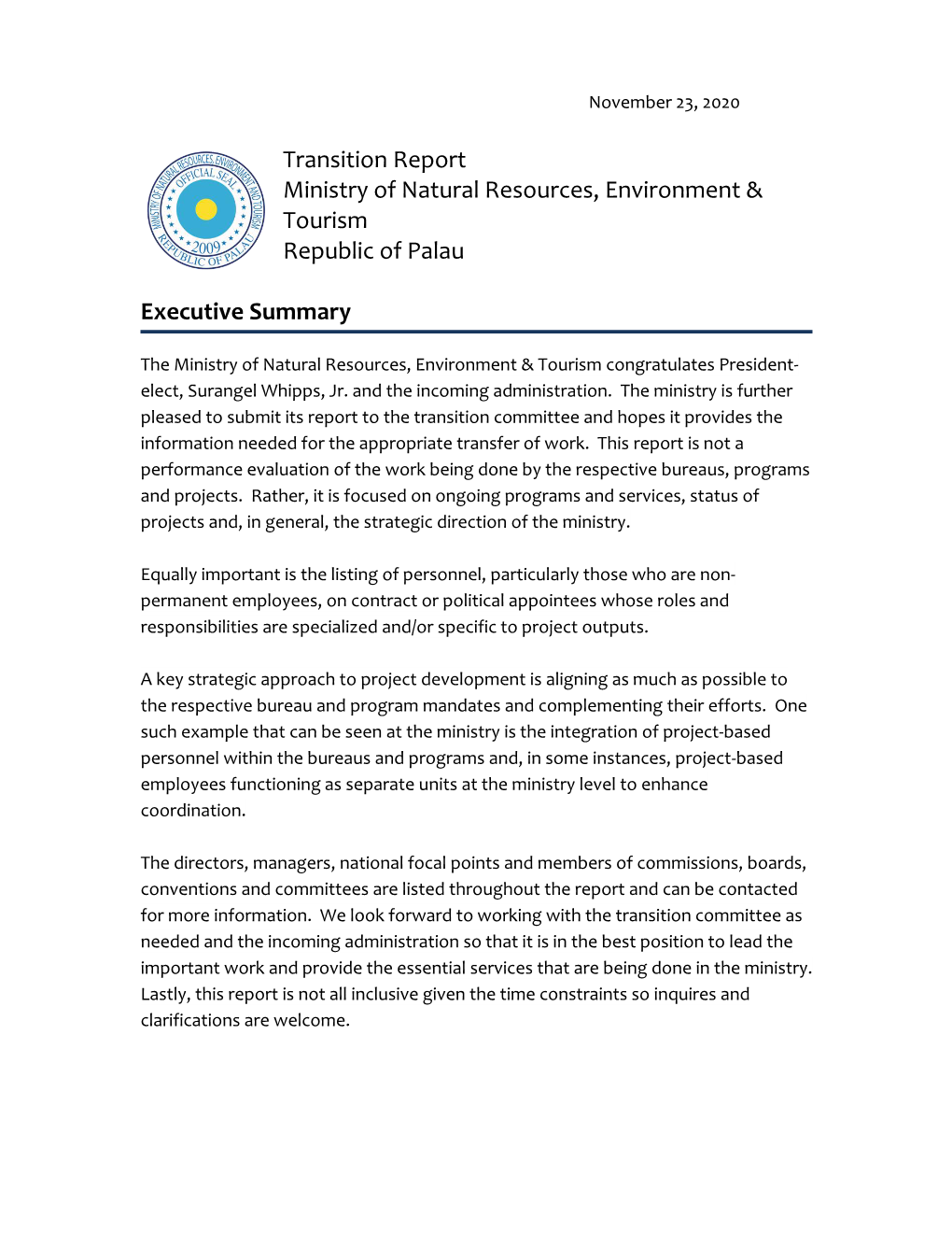 Transition Report Ministry of Natural Resources, Environment & Tourism