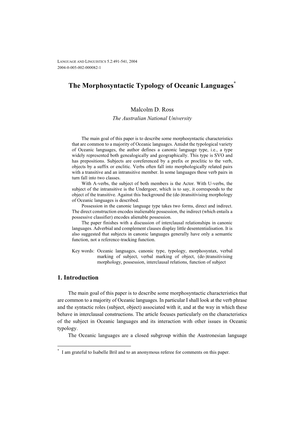 The Morphosyntactic Typology of Oceanic Languages*