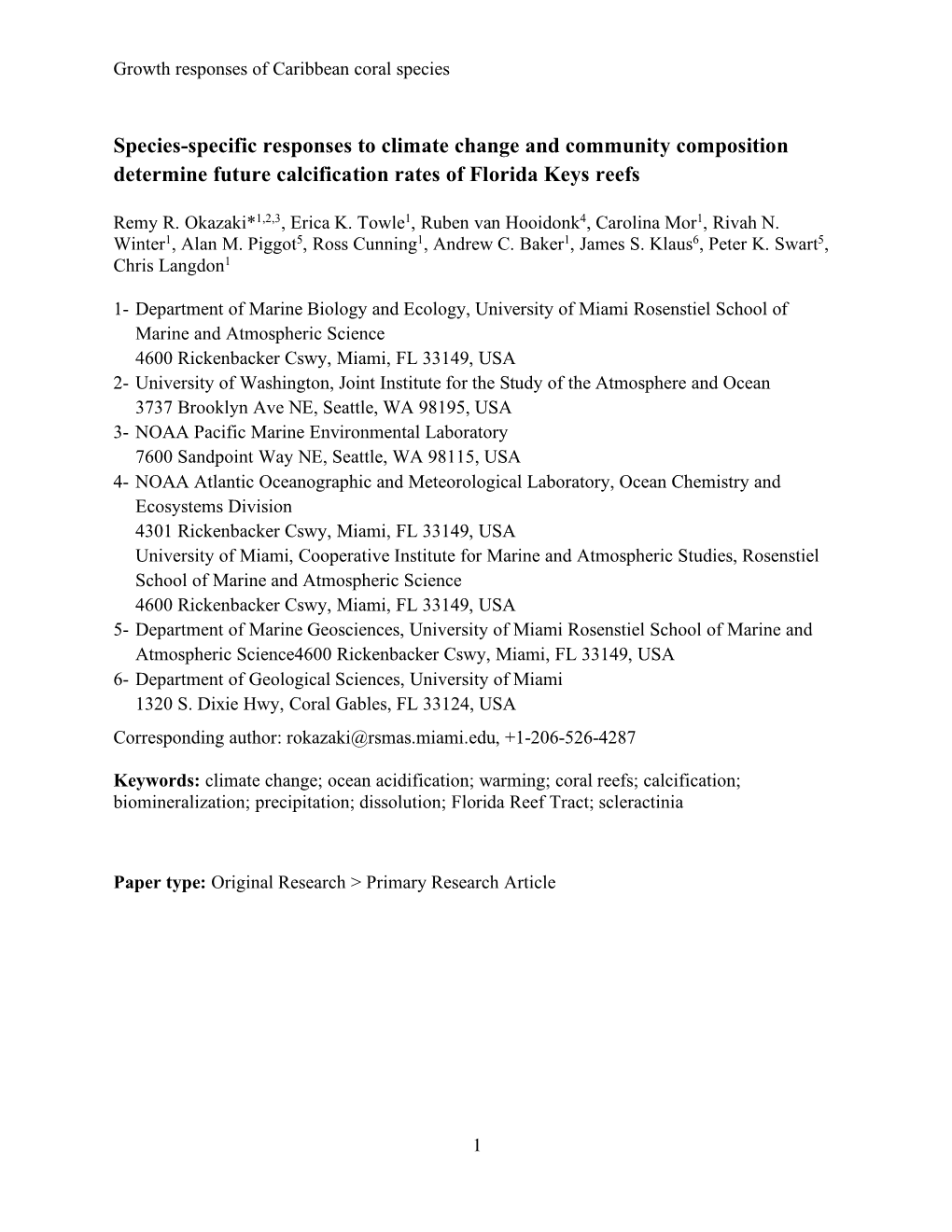 Species-Specific Responses to Climate Change and Community Composition Determine Future Calcification Rates of Florida Keys Reefs