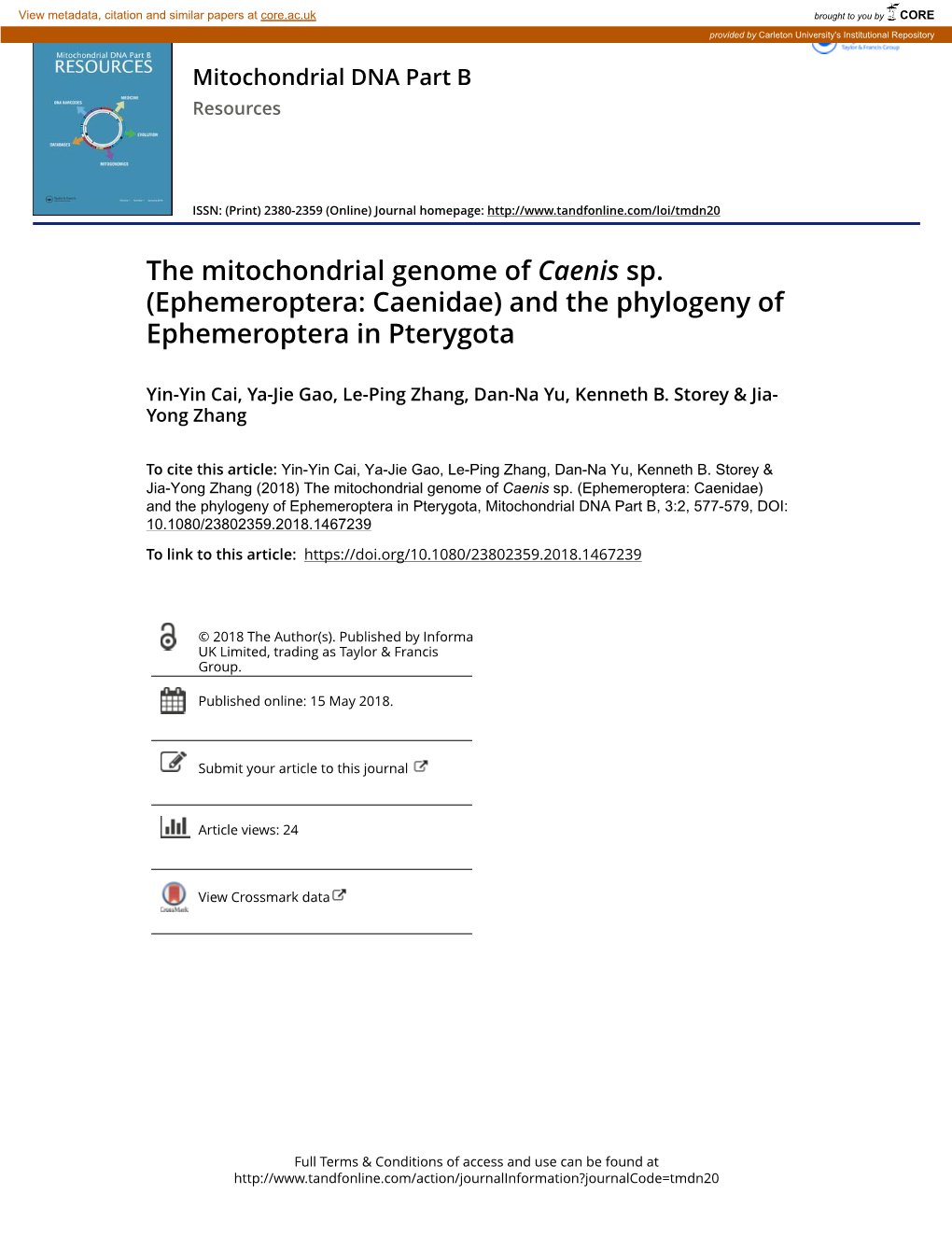 The Mitochondrial Genome of Caenis Sp. (Ephemeroptera: Caenidae) and the Phylogeny of Ephemeroptera in Pterygota