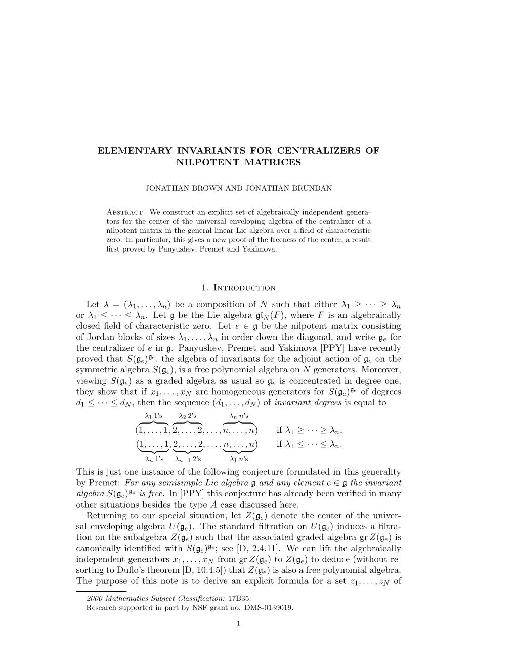 Elementary Invariants for Centralizers of Nilpotent Matrices