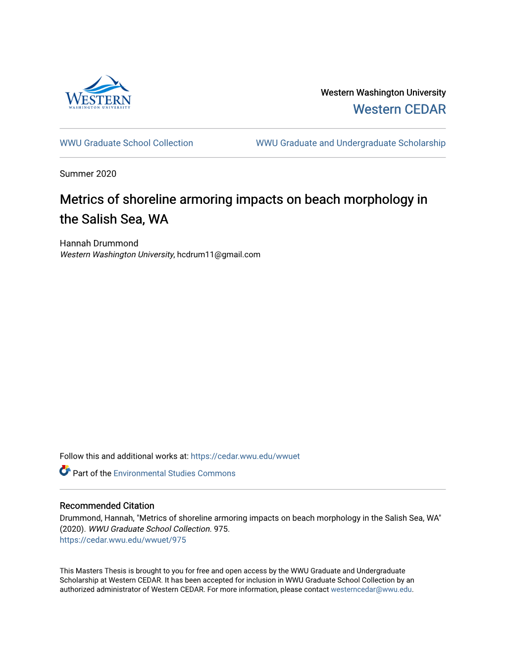 Metrics of Shoreline Armoring Impacts on Beach Morphology in the Salish Sea, WA