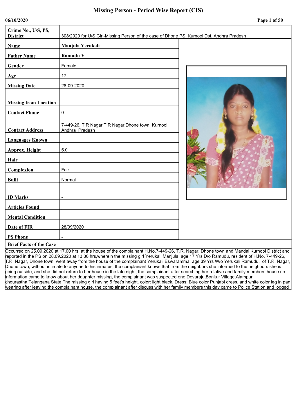 Missing Person - Period Wise Report (CIS) 06/10/2020 Page 1 of 50