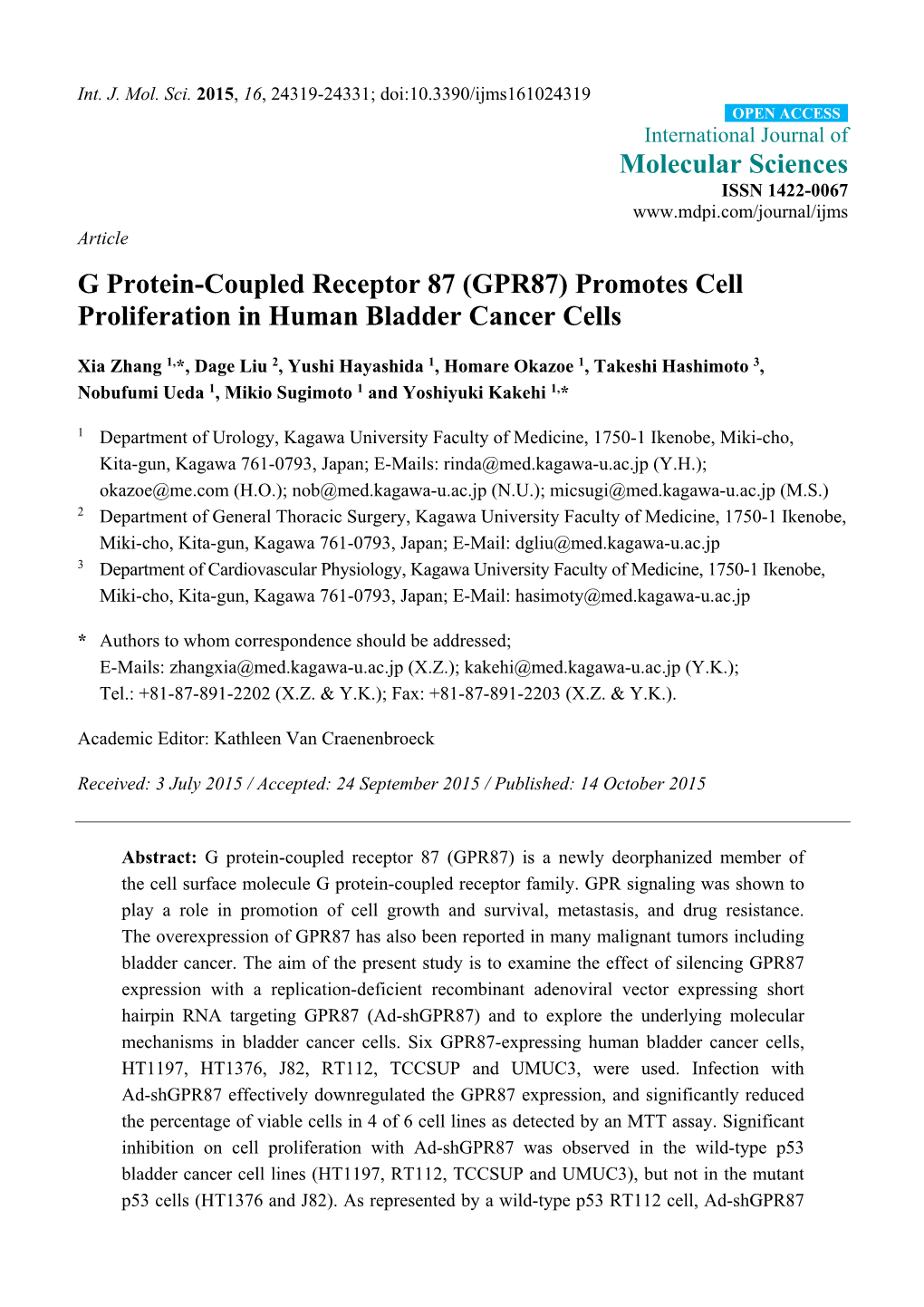 G Protein-Coupled Receptor 87 (GPR87) Promotes Cell Proliferation in Human Bladder Cancer Cells