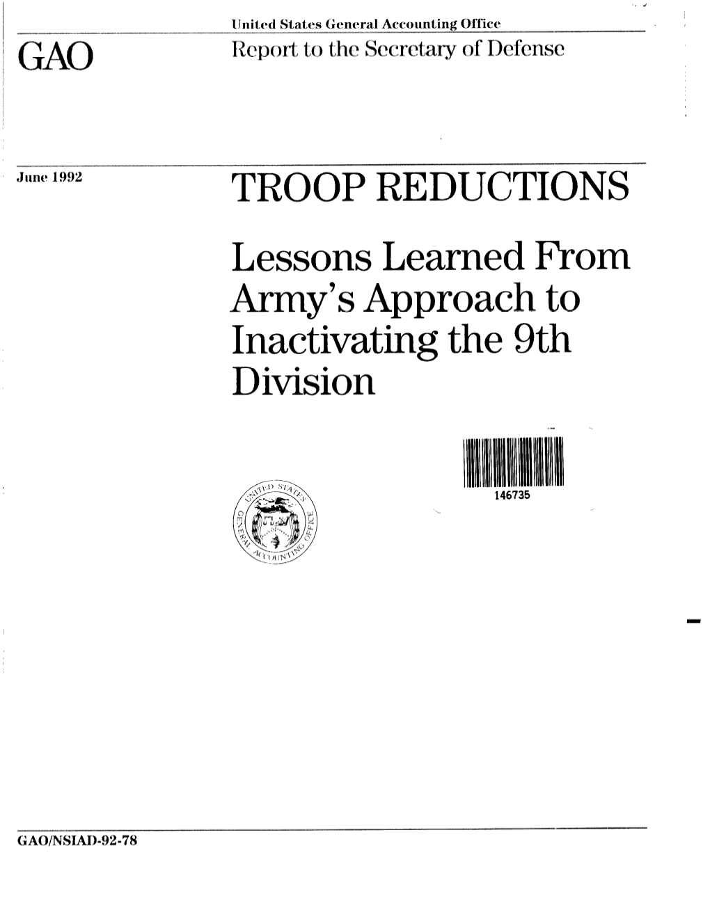 NSIAD-92-78 Troop Reductions: Lessons Learned from Army's