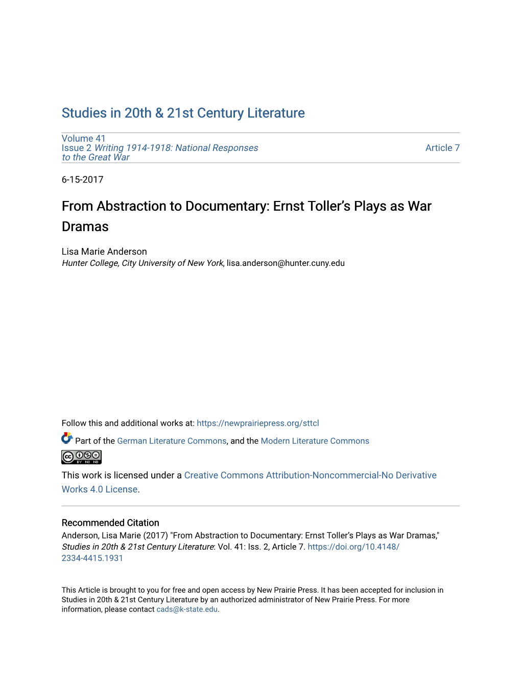 From Abstraction to Documentary: Ernst Toller's Plays As War Dramas