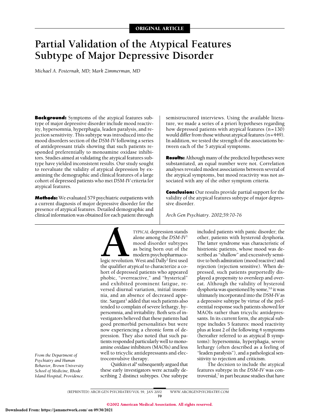 Partial Validation of the Atypical Features Subtype of Major Depressive Disorder