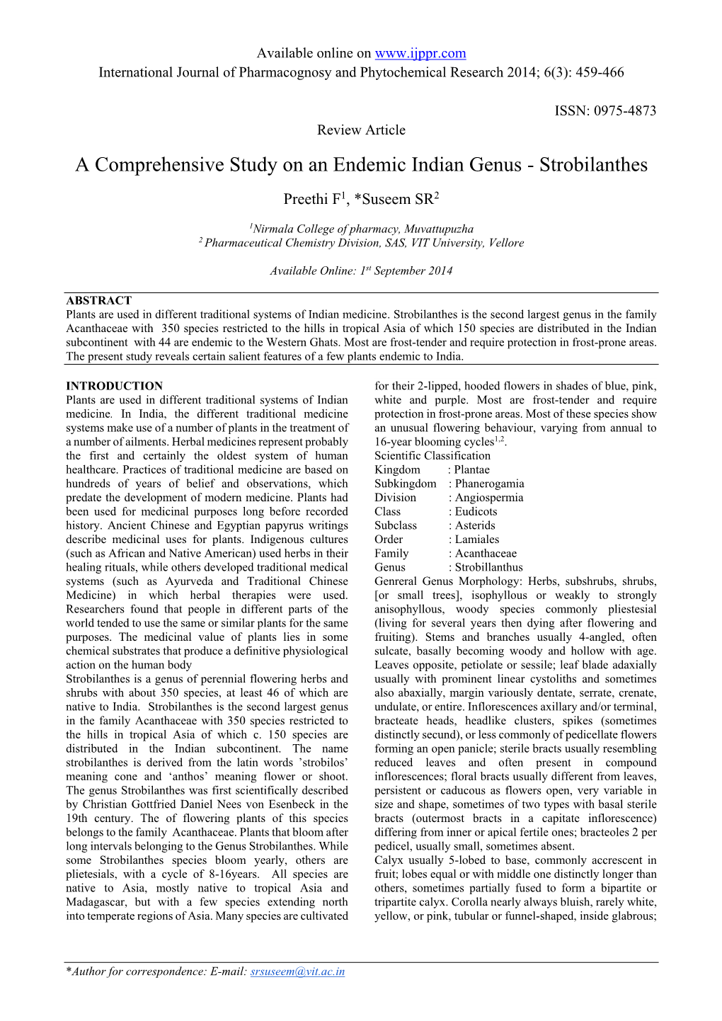 A Comprehensive Study on an Endemic Indian Genus - Strobilanthes