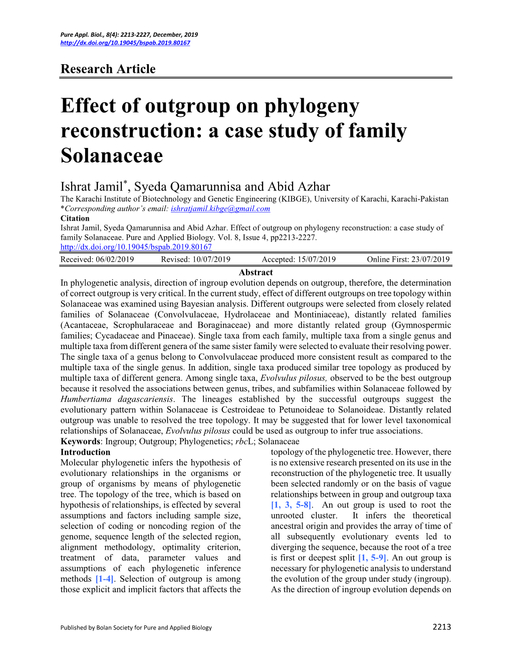 Effect of Outgroup on Phylogeny Reconstruction: a Case Study of Family Solanaceae