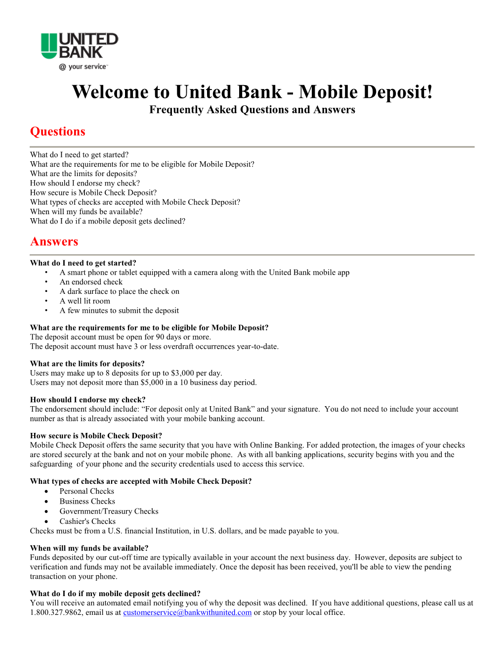 Welcome to United Bank - Mobile Deposit! Frequently Asked Questions and Answers