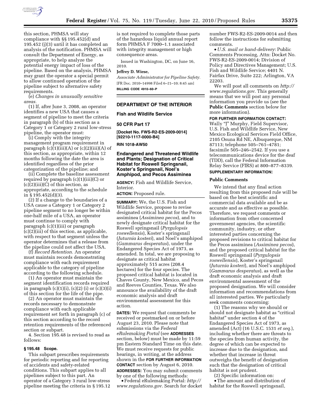 Federal Register/Vol. 75, No. 119/Tuesday, June 22, 2010