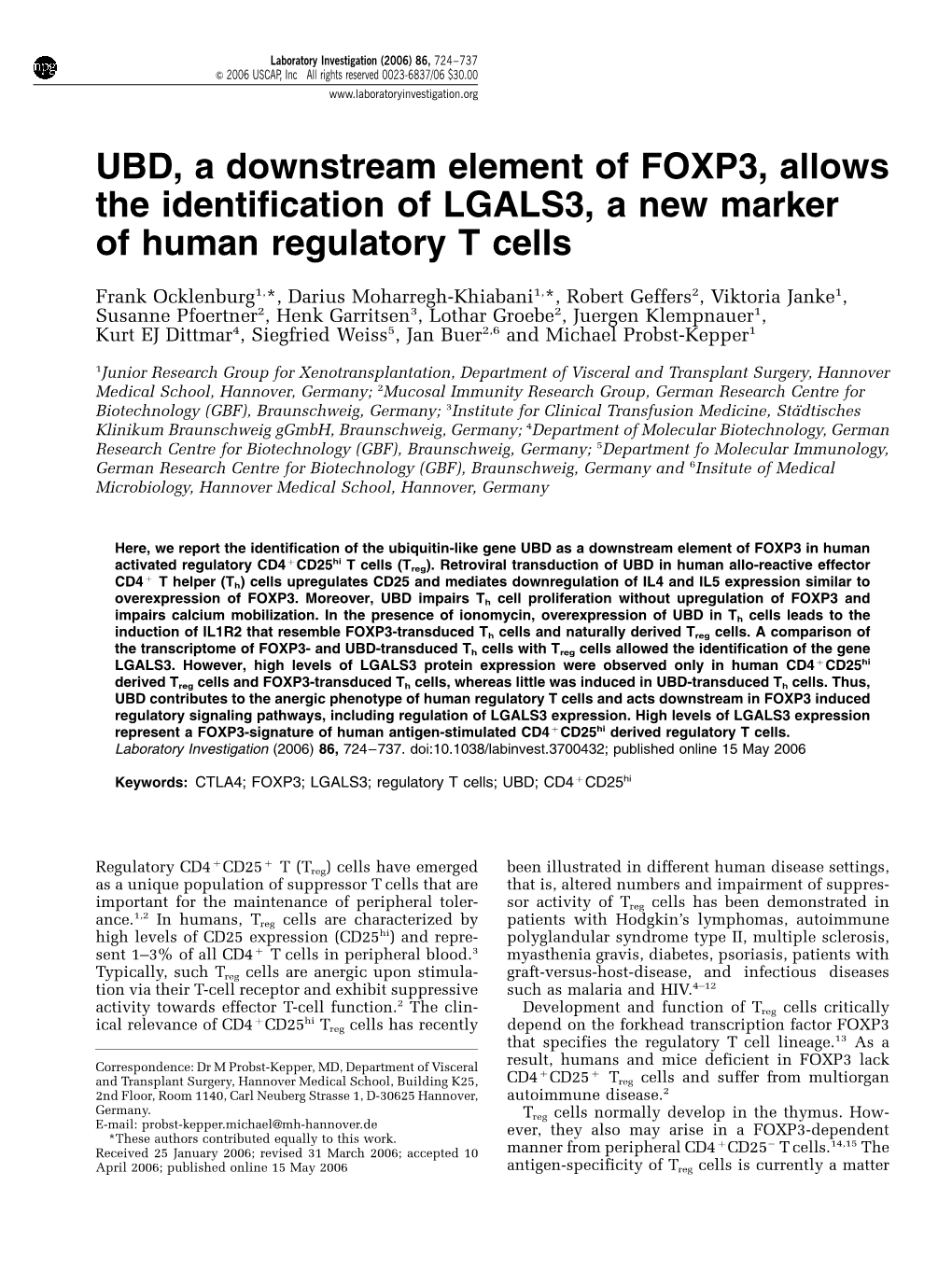 UBD, a Downstream Element of FOXP3, Allows the Identification of LGALS3, a New Marker of Human Regulatory T Cells