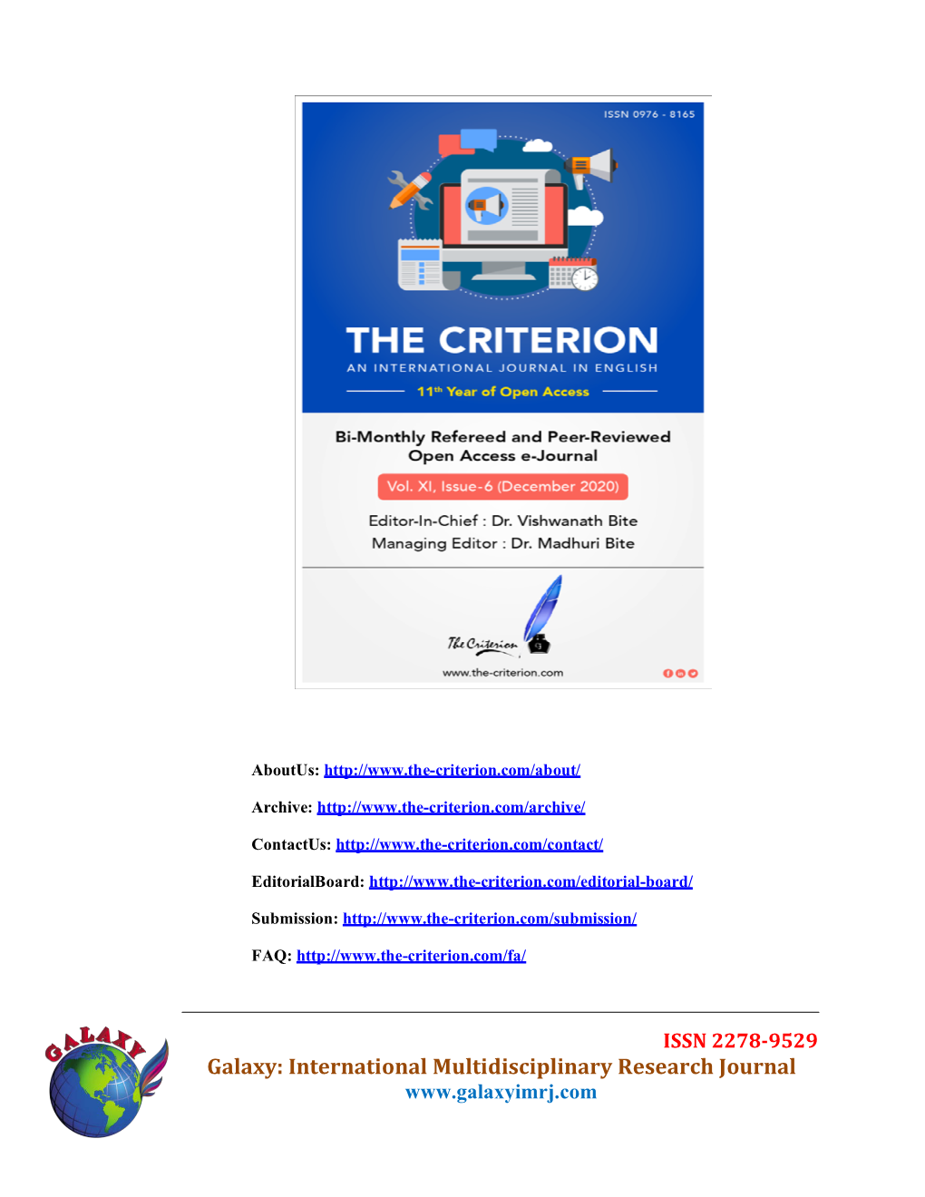 Galaxy: International Multidisciplinary Research Journal the Criterion: an International Journal in English Vol