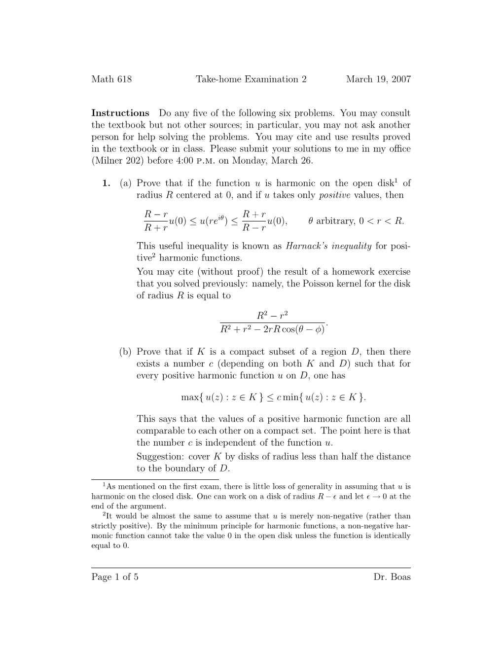 Math 618 Take-Home Examination 2 March 19, 2007 Instructions Do Any