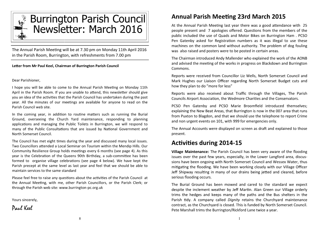 Burrington Parish Council Newsletter: March 2016