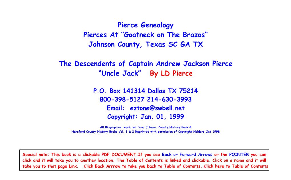 Pierce Genealogy Pierces at “Goatneck on the Brazos” Johnson County, Texas SC GA TX