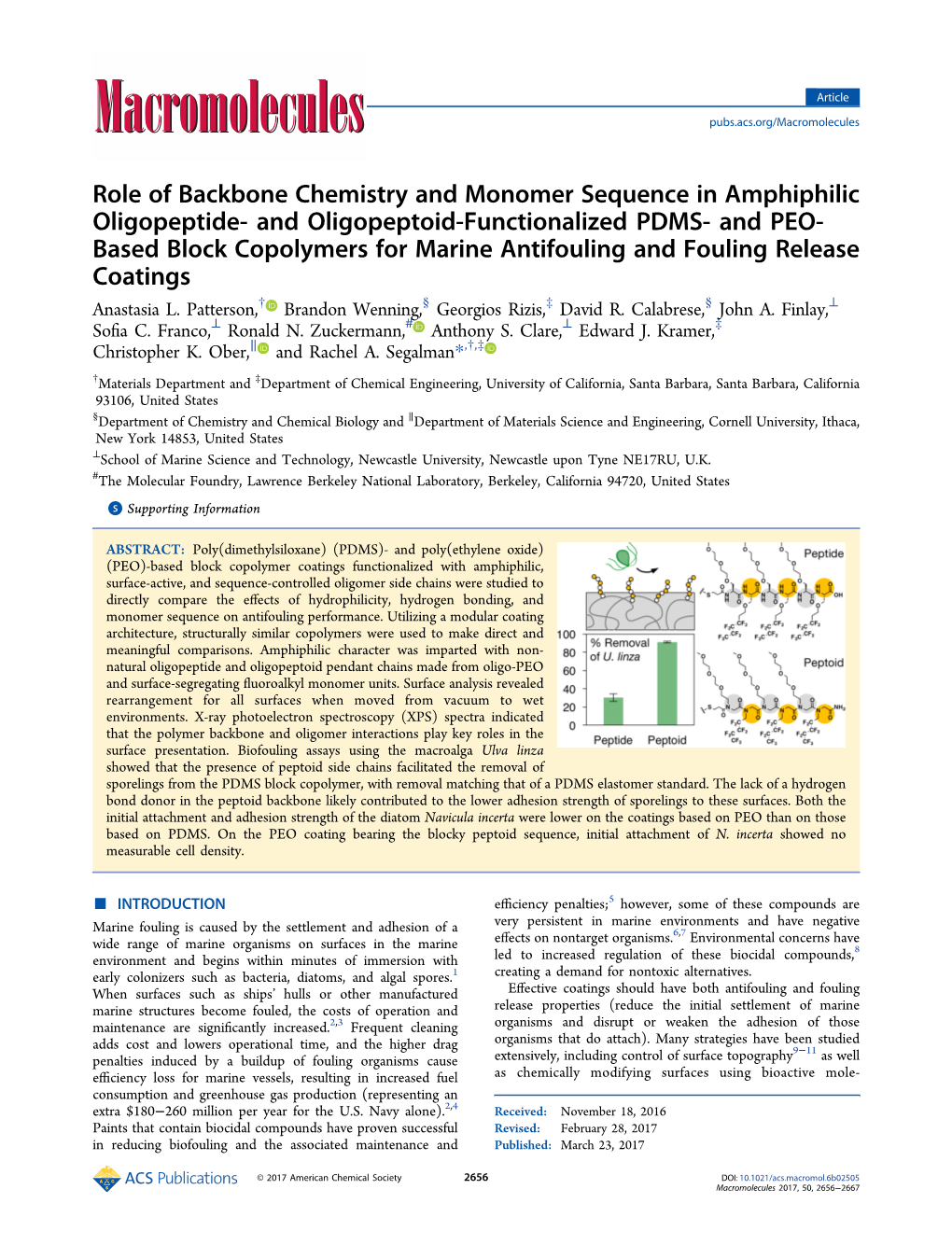 And Oligopeptoid-Functionalized PDMS- and PEO- Based Block Copolymers for Marine Antifouling and Fouling Release Coatings Anastasia L