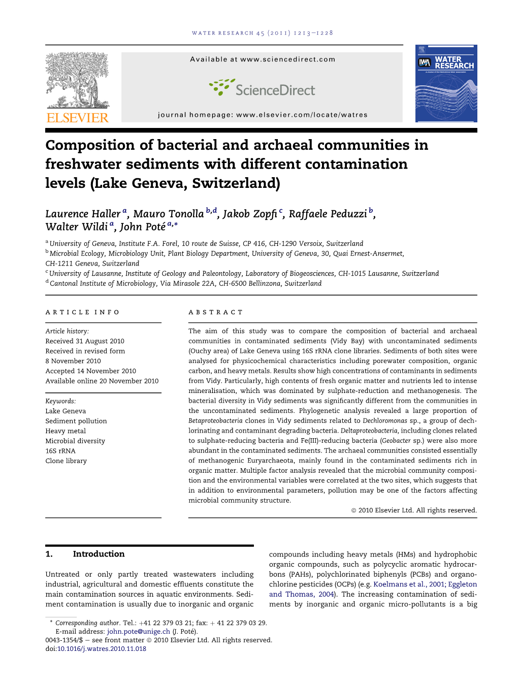 Composition of Bacterial and Archaeal Communities in Freshwater Sediments with Different Contamination Levels (Lake Geneva, Switzerland)