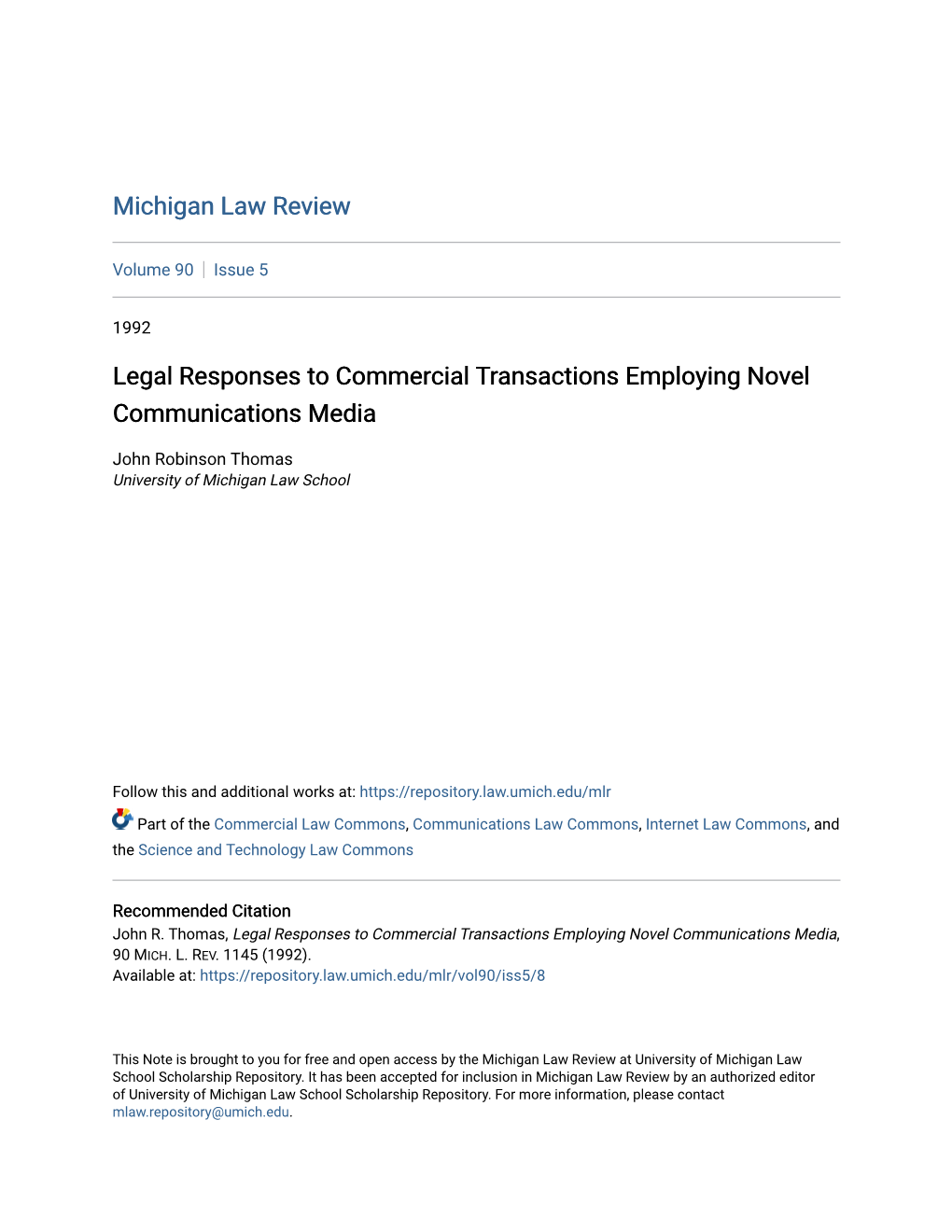 Legal Responses to Commercial Transactions Employing Novel Communications Media