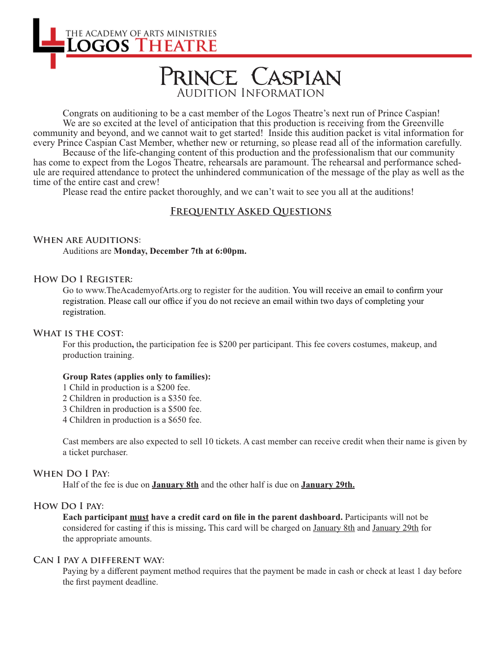 Prince Caspian Audition Information