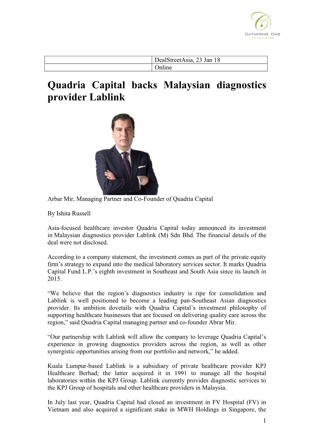 Quadria Capital Backs Malaysian Diagnostics Provider Lablink