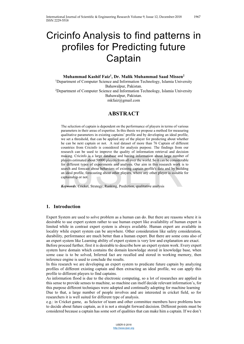 Cricinfo Analysis to Find Patterns in Profiles for Predicting Future Captain