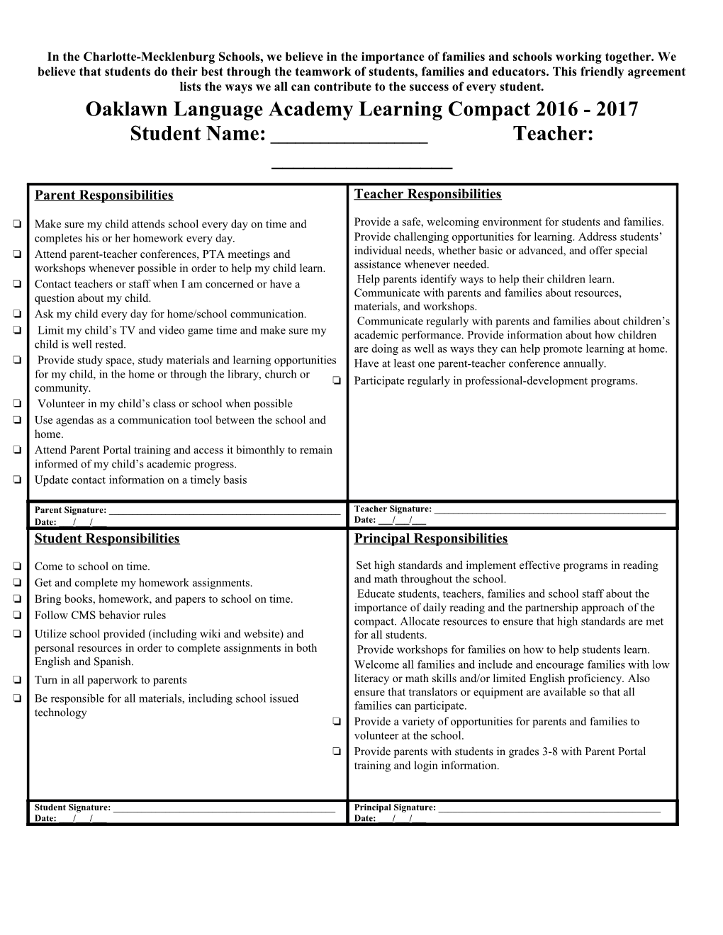 Oaklawn Language Academy Learning Compact 2016 - 2017