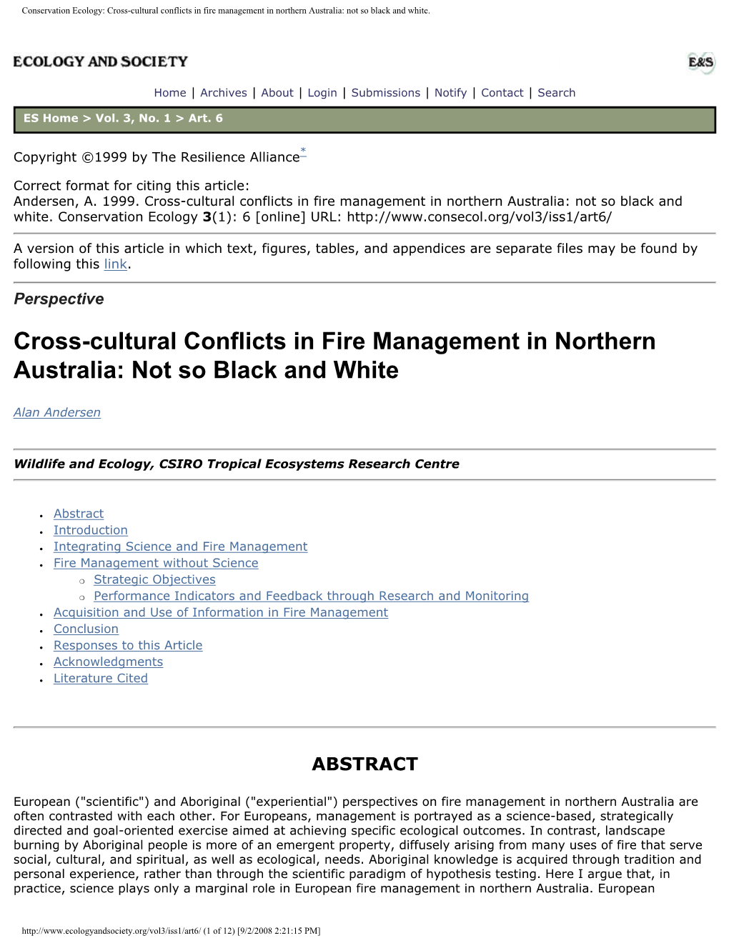 Conservation Ecology: Cross-Cultural Conflicts in Fire Management in Northern Australia: Not So Black and White